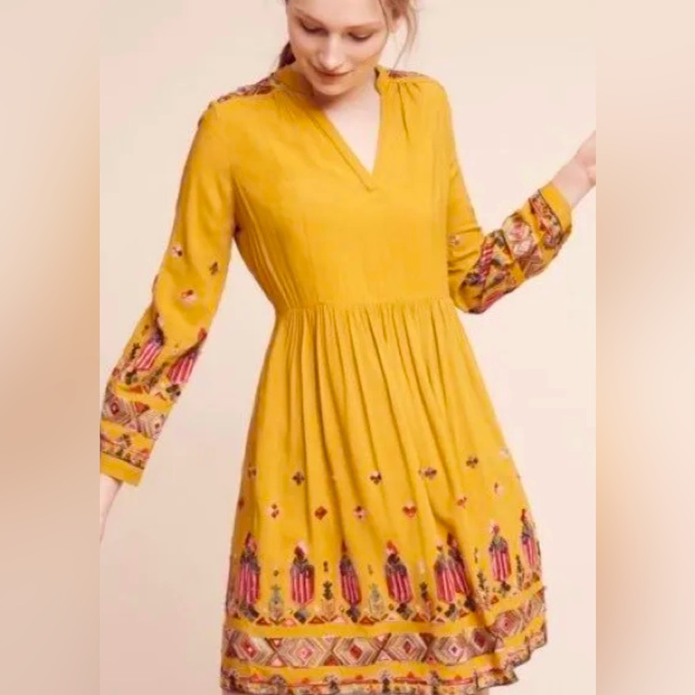 Anthropologie Floreat Gold embroidered dress, Sz L, EUC